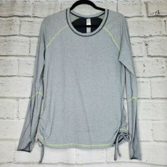 Lucy Tech Striped Ruched Top Womens Large Gray Thumb Hole Pullover Crew Shirt - Picture 1 of 9